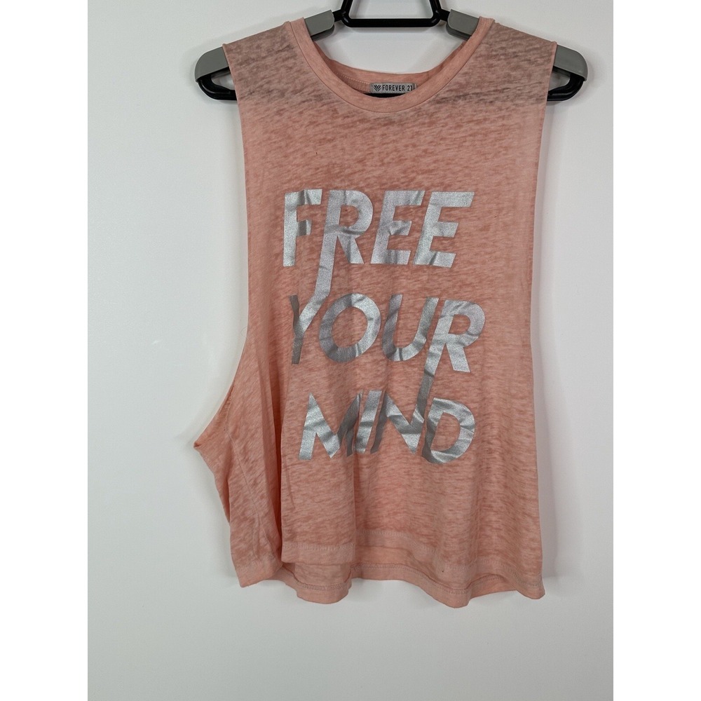 Forever 21 Tank Top Women's Medium " Free Your Mind" Sleeveless Graphic Peach